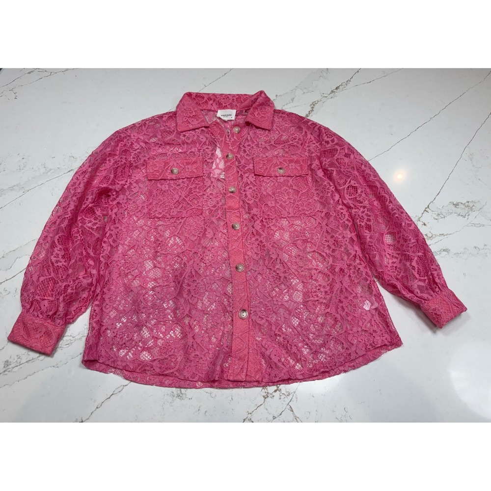 Andree by Unit Womens Hot Pink Floral Lace Button Down Shirt M NWT
